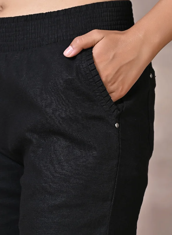 Black Regular Plain Linen Capri