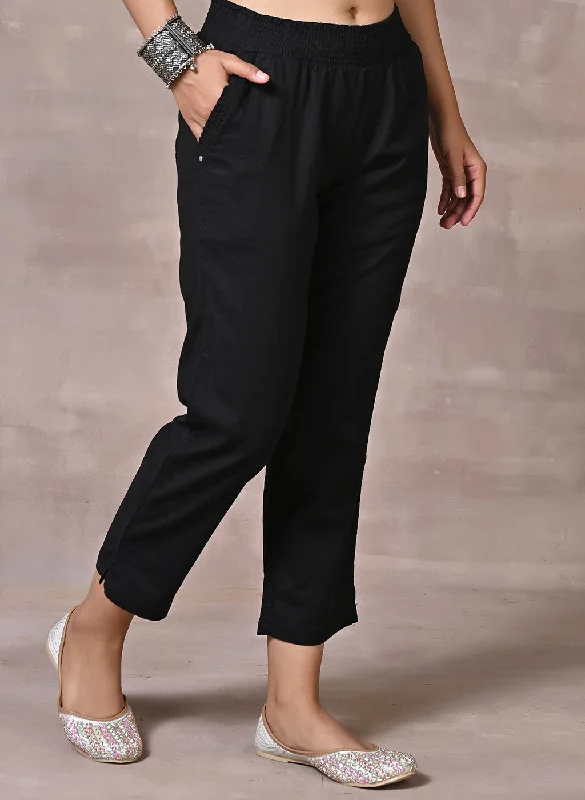 Black Regular Plain Linen Capri