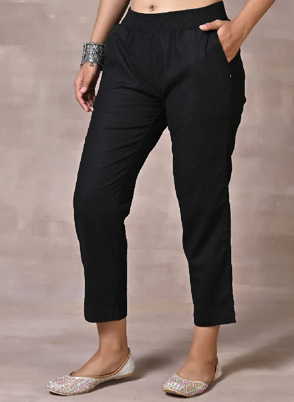 Black Regular Plain Linen Capri