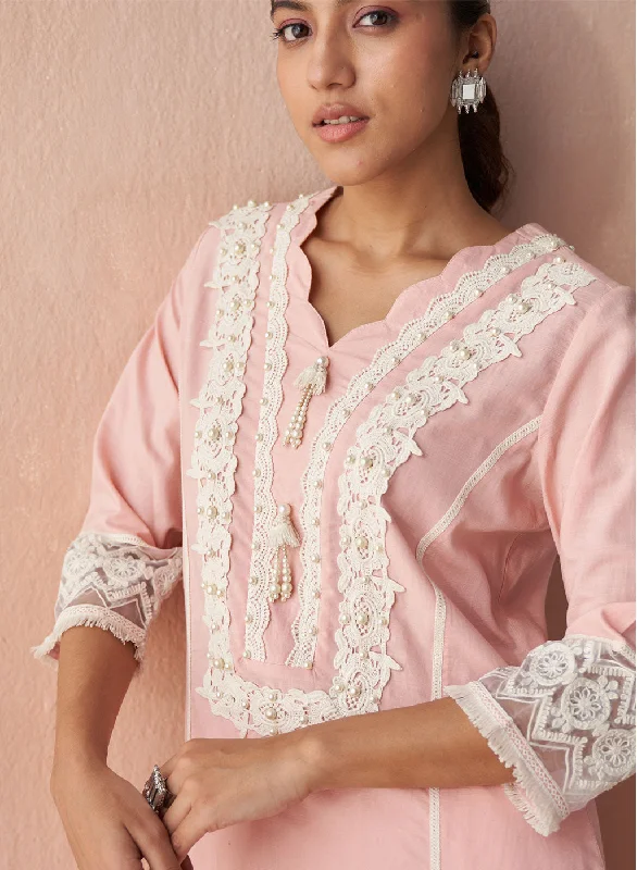 Blush Pink Alora Collection Kurta With Lace Detail