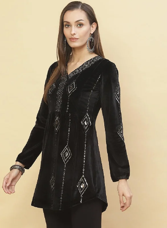 Charcoal Black Embroidered Velvet Tunic With Sequins