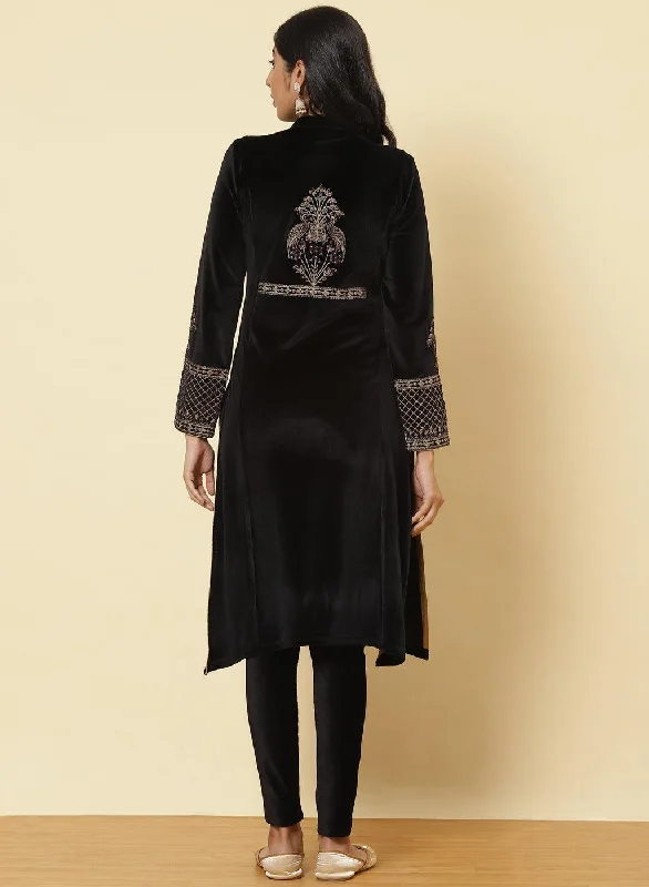 Charcoal Black Embroidered Velvet Kurti