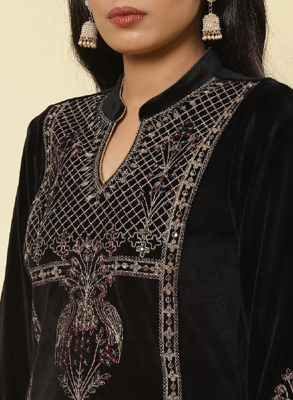 Charcoal Black Embroidered Velvet Kurti