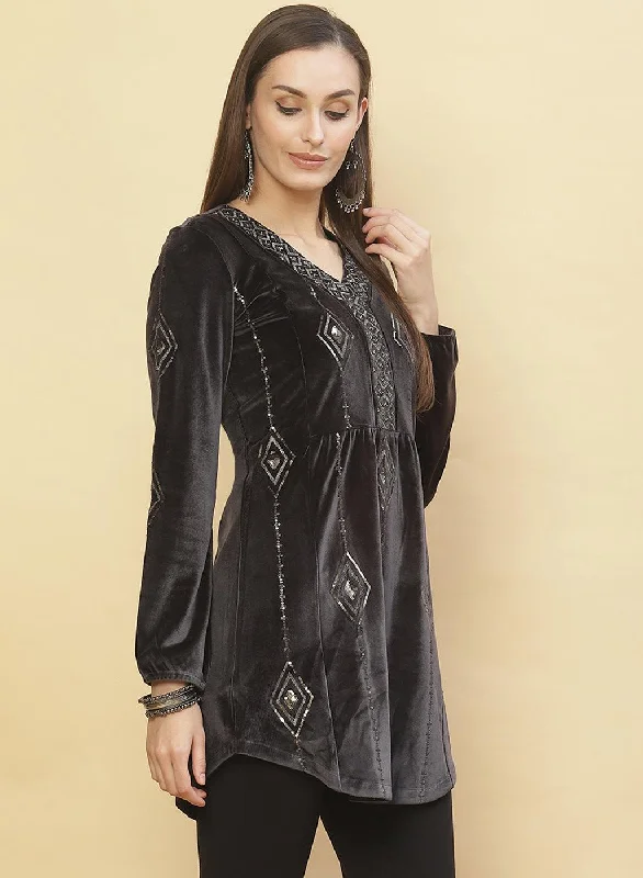 Slate Grey Embroidered Velvet Tunic With Sequins