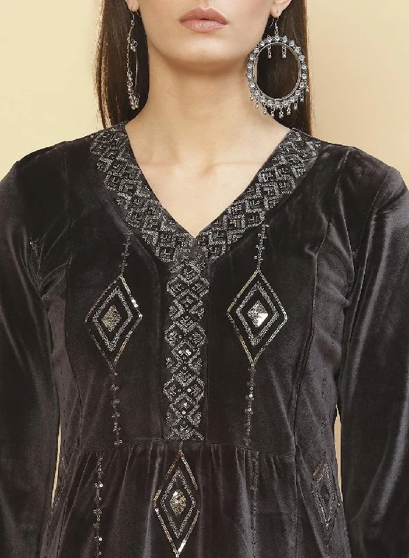 Slate Grey Embroidered Velvet Tunic With Sequins