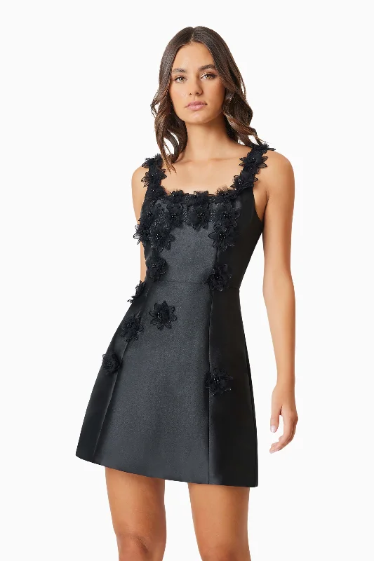 Elder Floral Decal Applique Mini Dress In Black