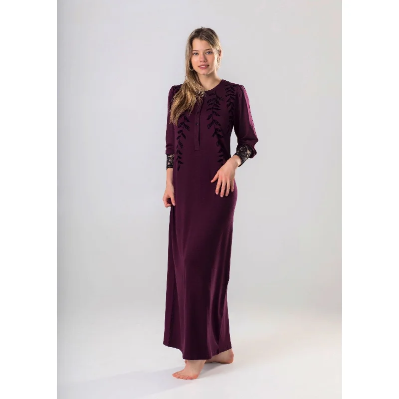 Ellwi Eggplant Colored Button Down Nightgown with Black Velvet Detail 212