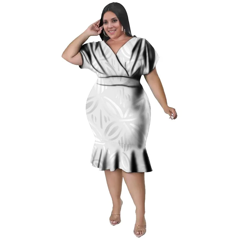 Women's Polynesian Printed Fashion Designer Ruffled Bandage Midi Dresses (Plus Size)