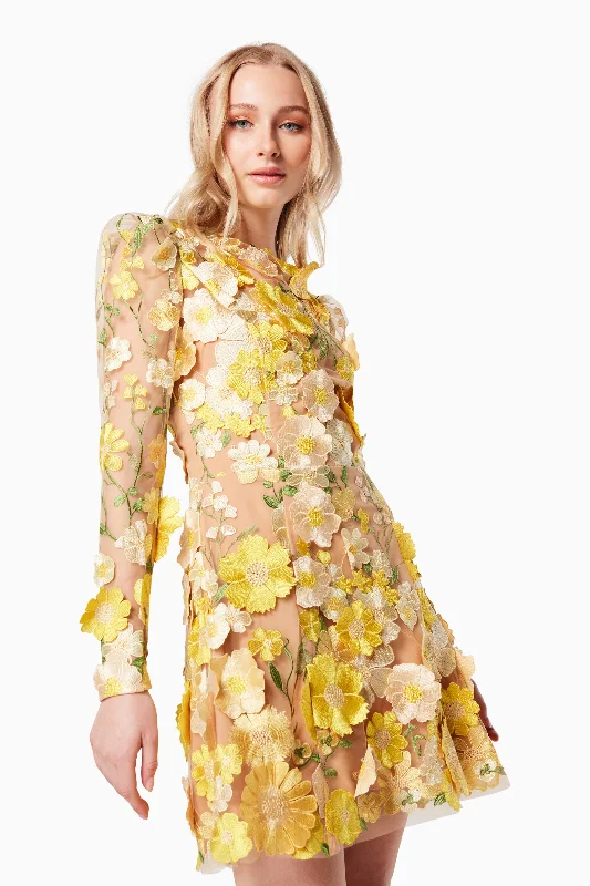 Goldenvoice 3D Floral Mini Dress In Yellow