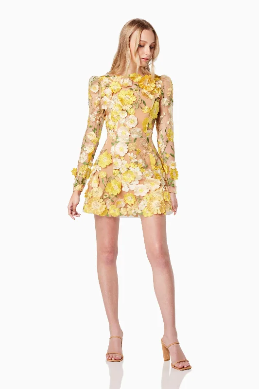 Goldenvoice 3D Floral Mini Dress In Yellow