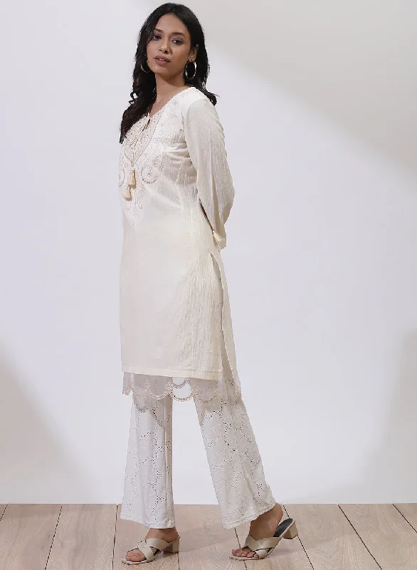 Ivory A-Line Kurta with Delicate Embroidery