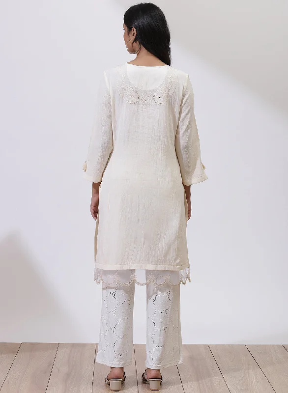 Ivory A-Line Kurta with Delicate Embroidery