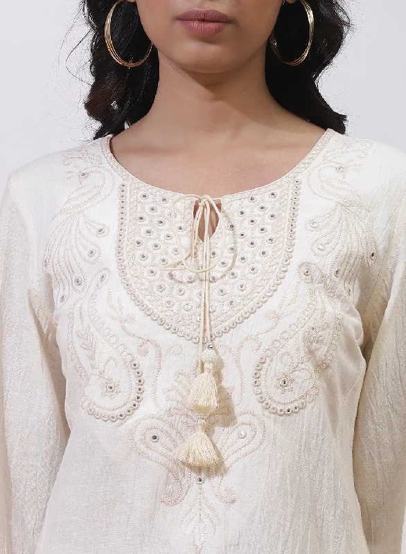 Ivory A-Line Kurta with Delicate Embroidery