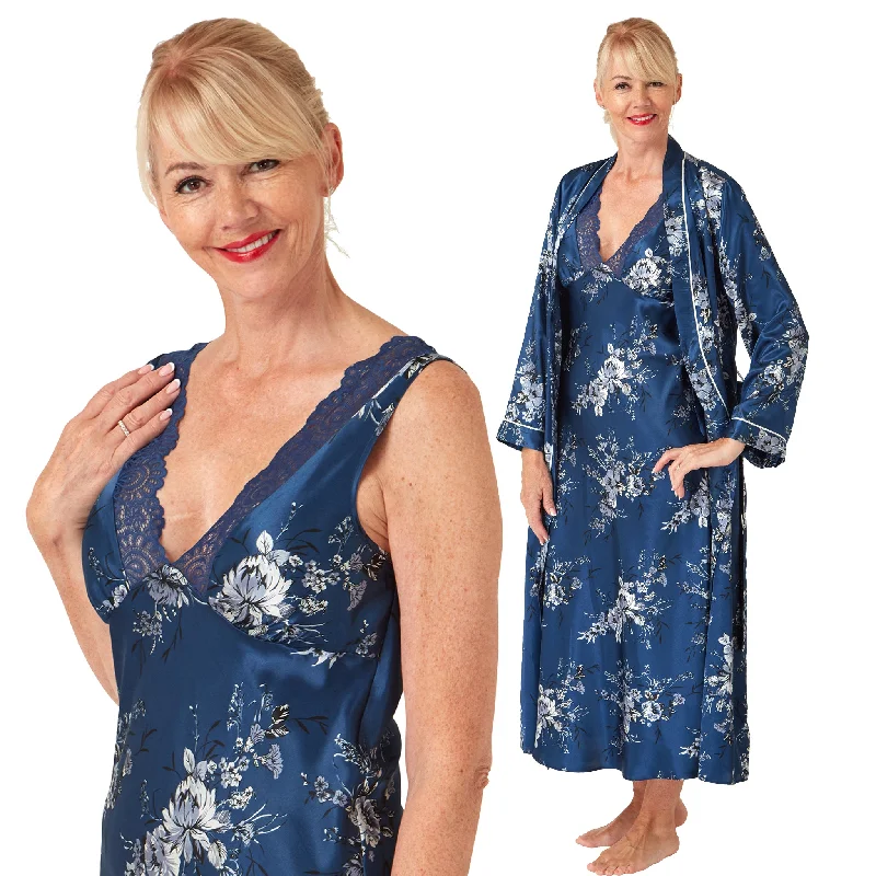 Matching Teal Blue Floral Sexy Satin Long Nightdress & Wrap Set Negligee Lingerie PLUS SIZE