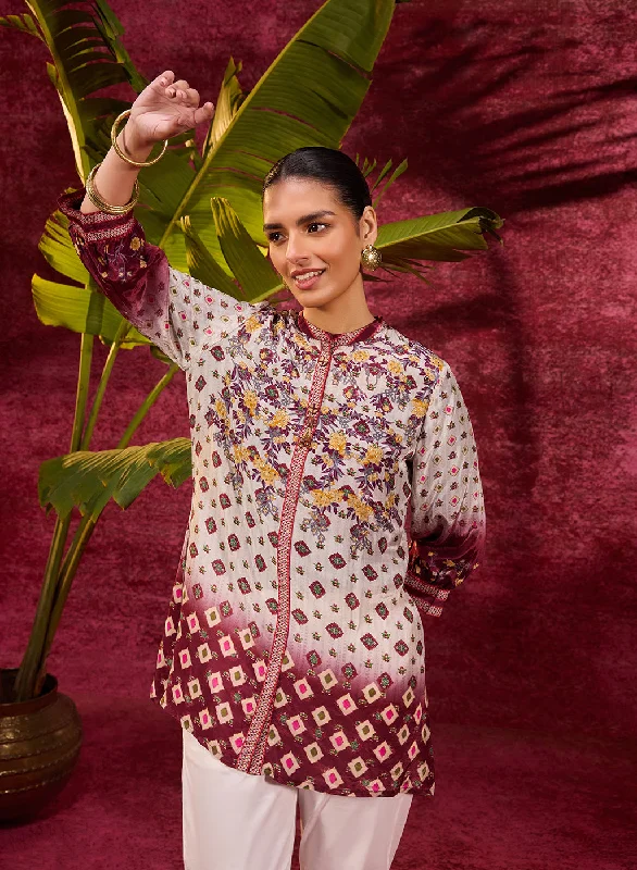 Mehrunisa Burgundy Printed Crepe Top for Women