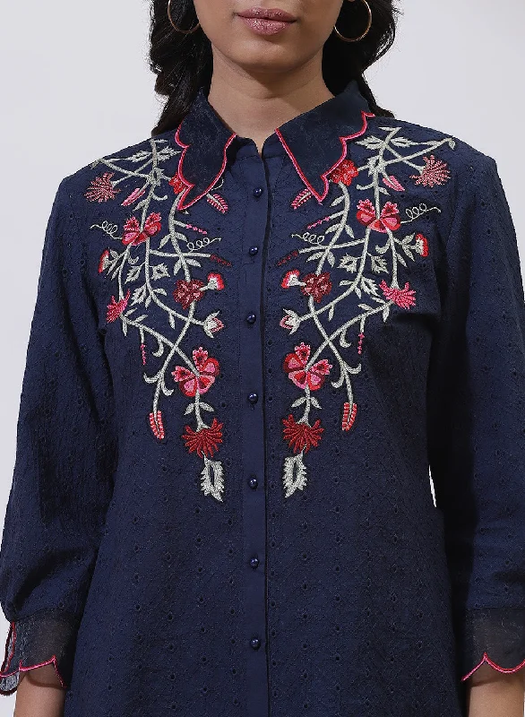 Midnight Blue Floral Embroidered Nargis Shirt with Ruffles