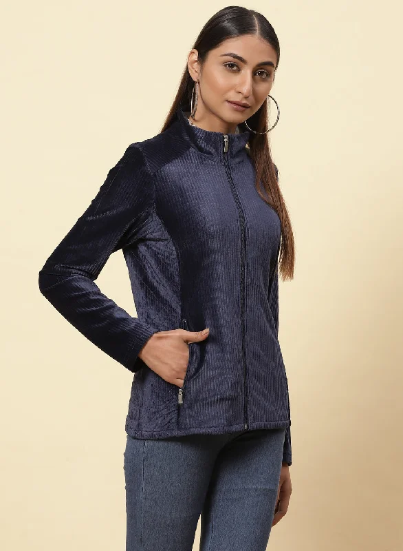 Midnight Blue Velvet Zipper Jacket