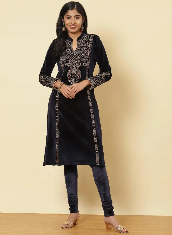 Midnight Blue Embroidered Velvet Kurti