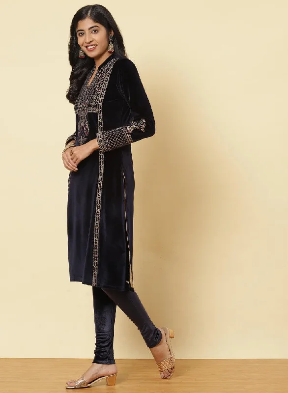 Midnight Blue Embroidered Velvet Kurti