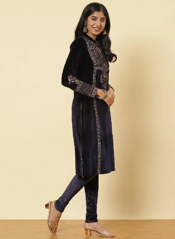 Midnight Blue Embroidered Velvet Kurti