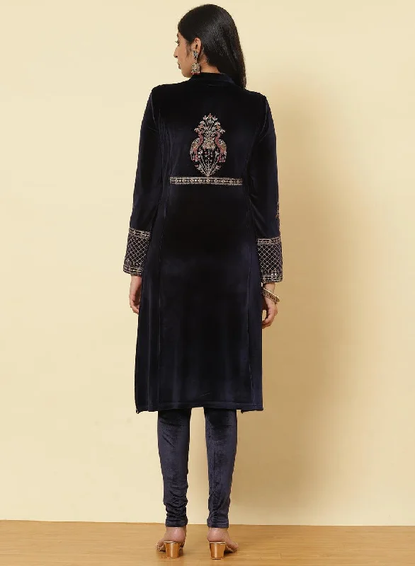 Midnight Blue Embroidered Velvet Kurti