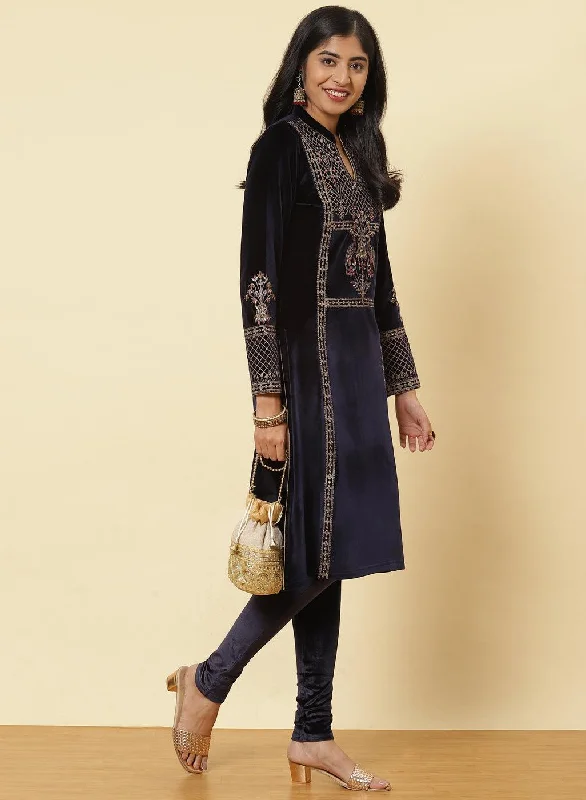 Midnight Blue Embroidered Velvet Kurti