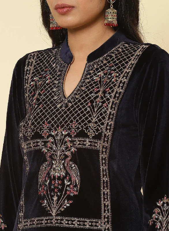 Midnight Blue Embroidered Velvet Kurti