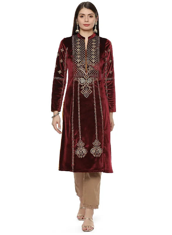 Maroon Embroidered Velvet Kurta With Sequins