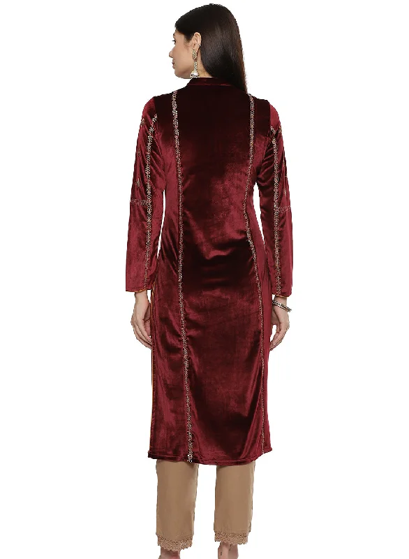 Maroon Embroidered Velvet Kurta With Sequins