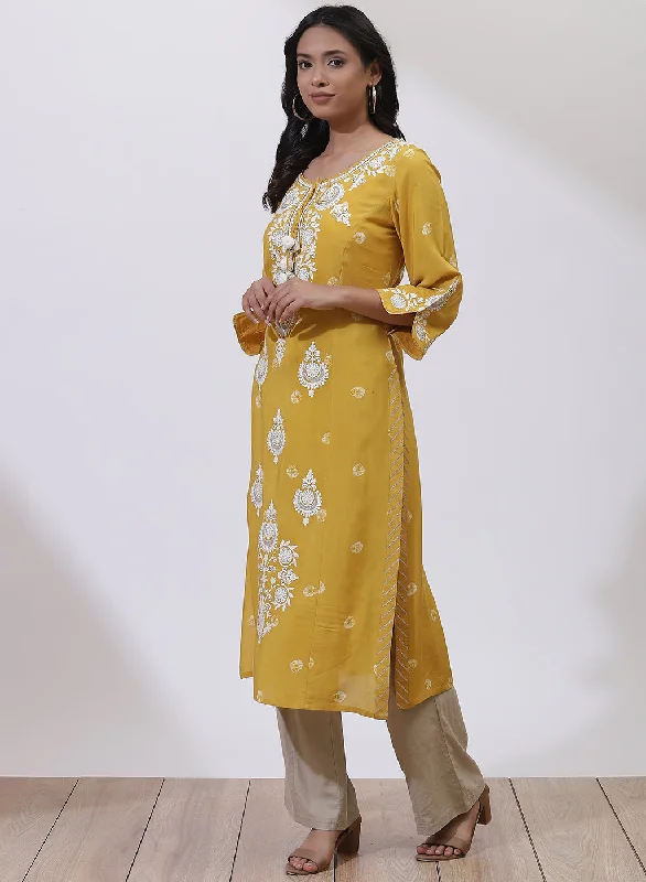 Mustard Floral Embroidered Nargis Kurta