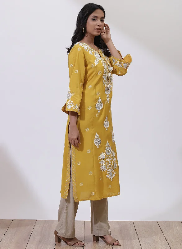 Mustard Floral Embroidered Nargis Kurta