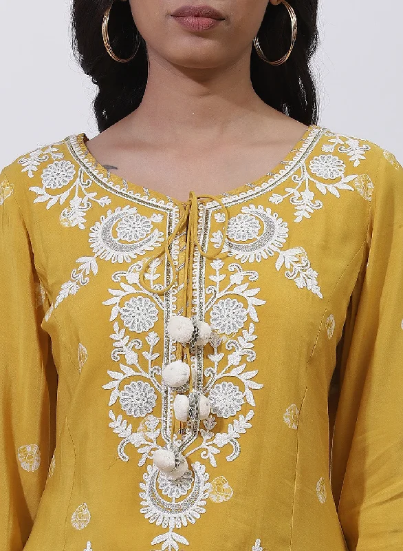 Mustard Floral Embroidered Nargis Kurta