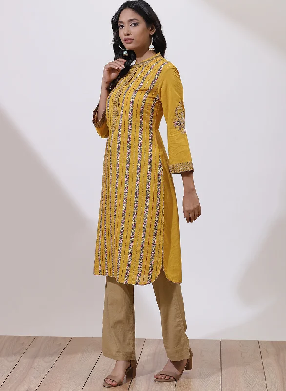 Mustard Floral Embroidered Nargis Kurta