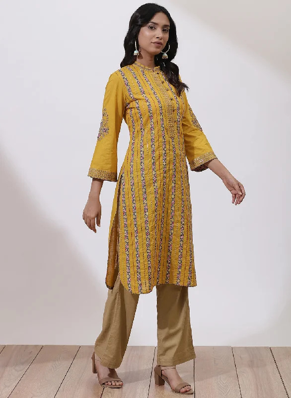 Mustard Floral Embroidered Nargis Kurta