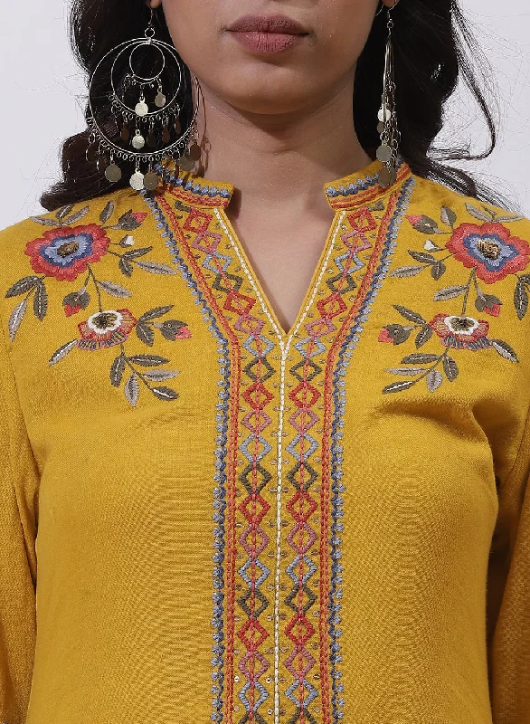 Mustard Phool Collection Floral Embroidered Tunic