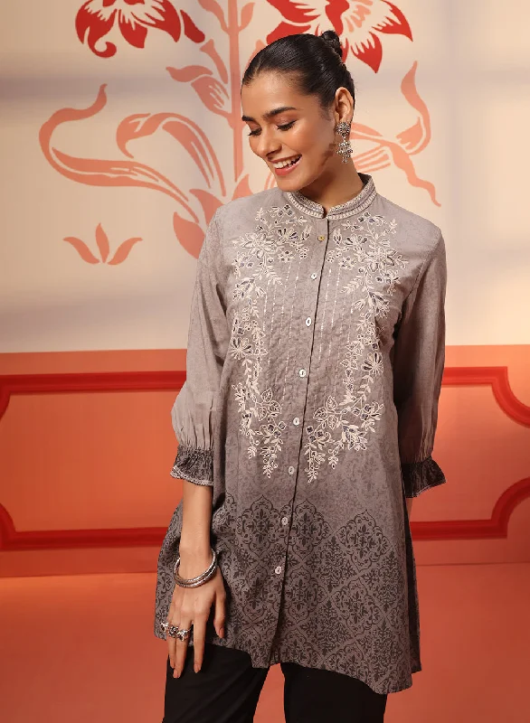 Myra Stone Grey Long Printed Cotton Modal Shirt for Women