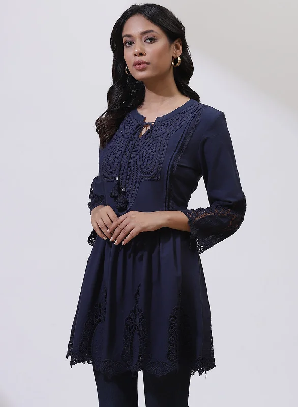 Navy Blue Phool Collection Tunic With Schiffli Embroidery