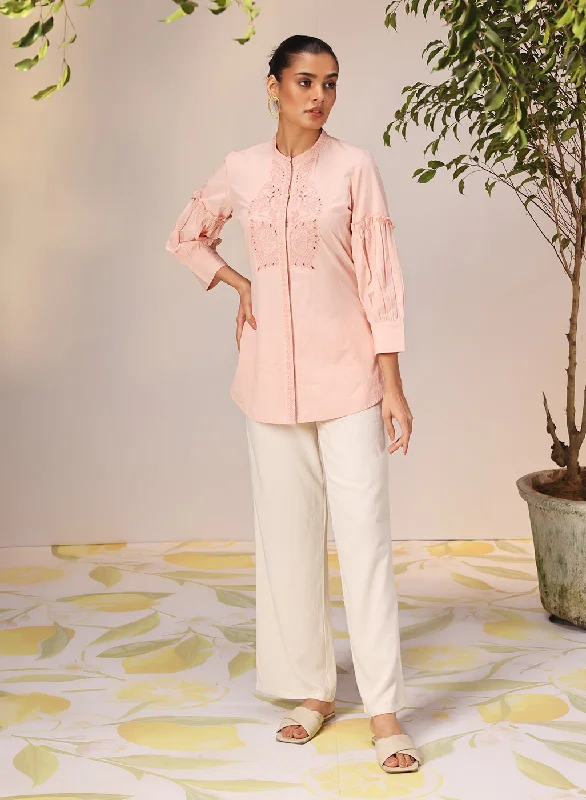 Nudrat Light Pink Embroidered Cotton Long Shirt for Women