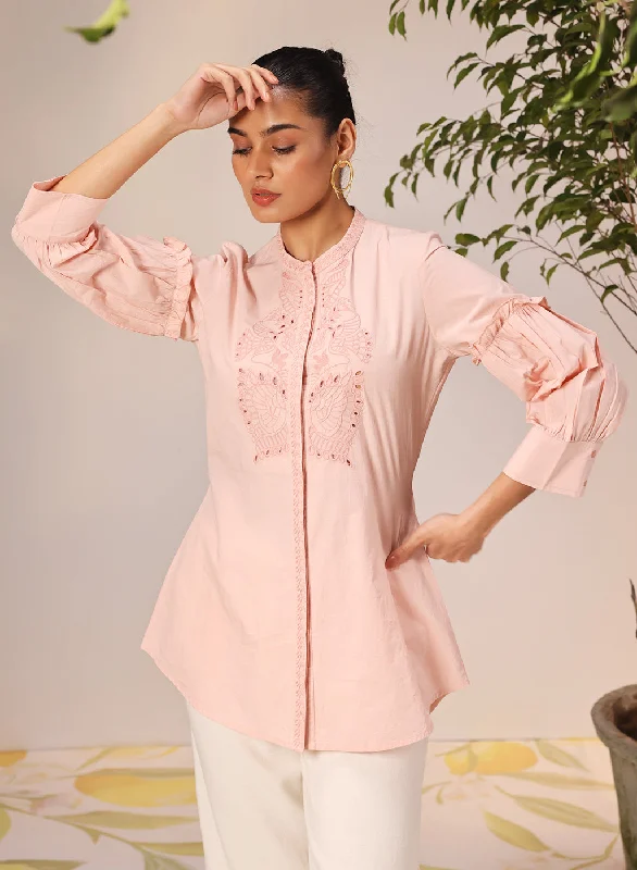 Nudrat Light Pink Embroidered Cotton Long Shirt for Women