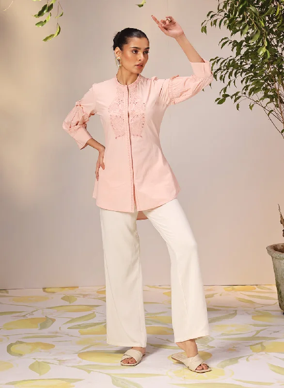 Nudrat Light Pink Embroidered Cotton Long Shirt for Women