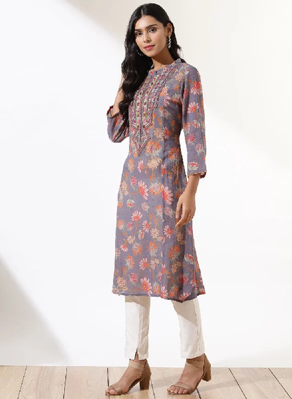 Lavender Dhaage Collection Printed Kurta With Embroidery