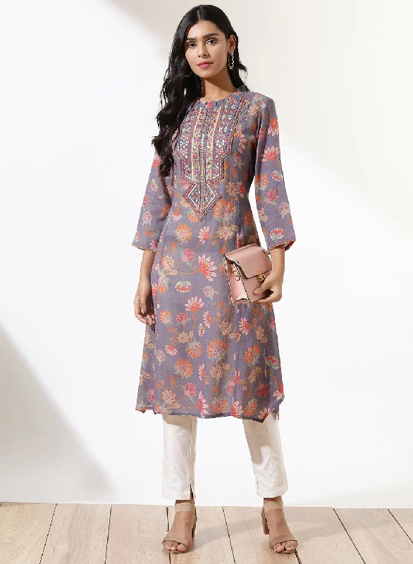 Lavender Dhaage Collection Printed Kurta With Embroidery