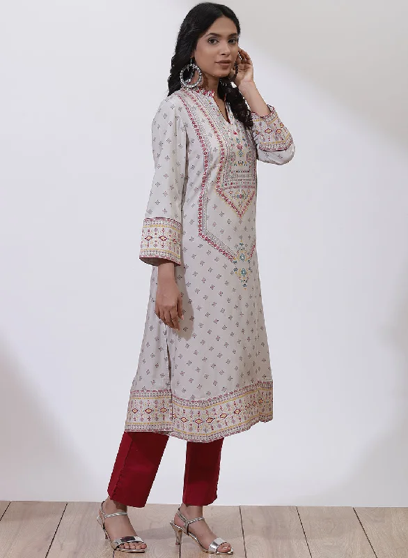 Light Grey and Orange Phool Collection A-line Kurta