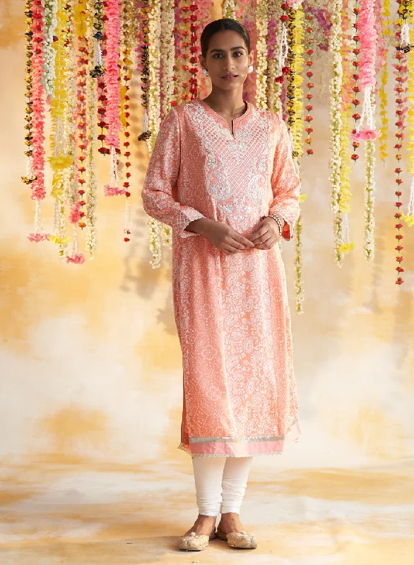 Peach Printed Kurta With Embroidery & Lace