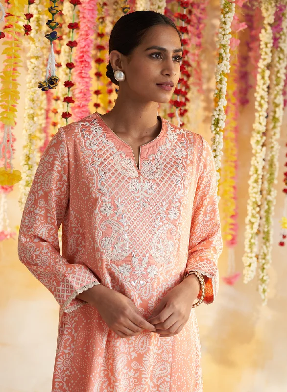 Peach Printed Kurta With Embroidery & Lace