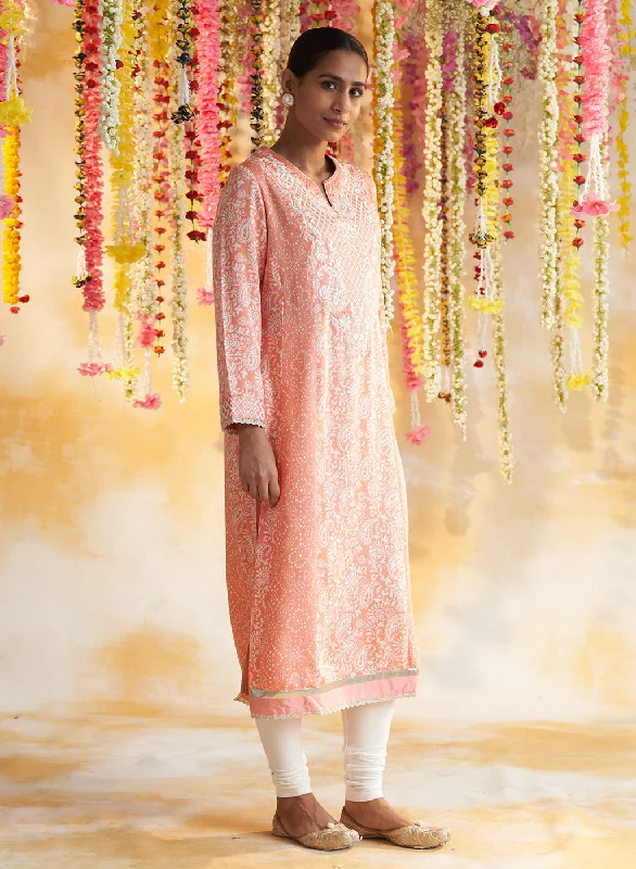 Peach Printed Kurta With Embroidery & Lace