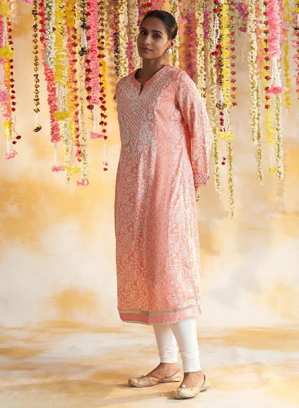 Peach Printed Kurta With Embroidery & Lace