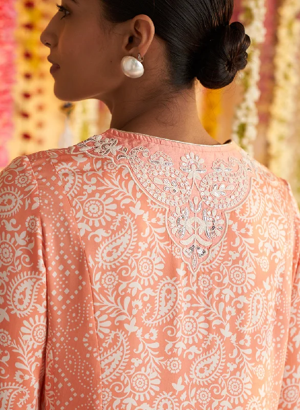 Peach Printed Kurta With Embroidery & Lace