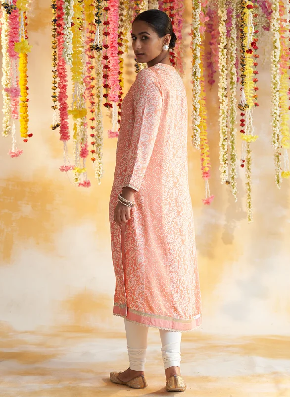 Peach Printed Kurta With Embroidery & Lace