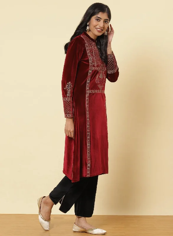 Dark Maroon Embroidered Velvet Kurti